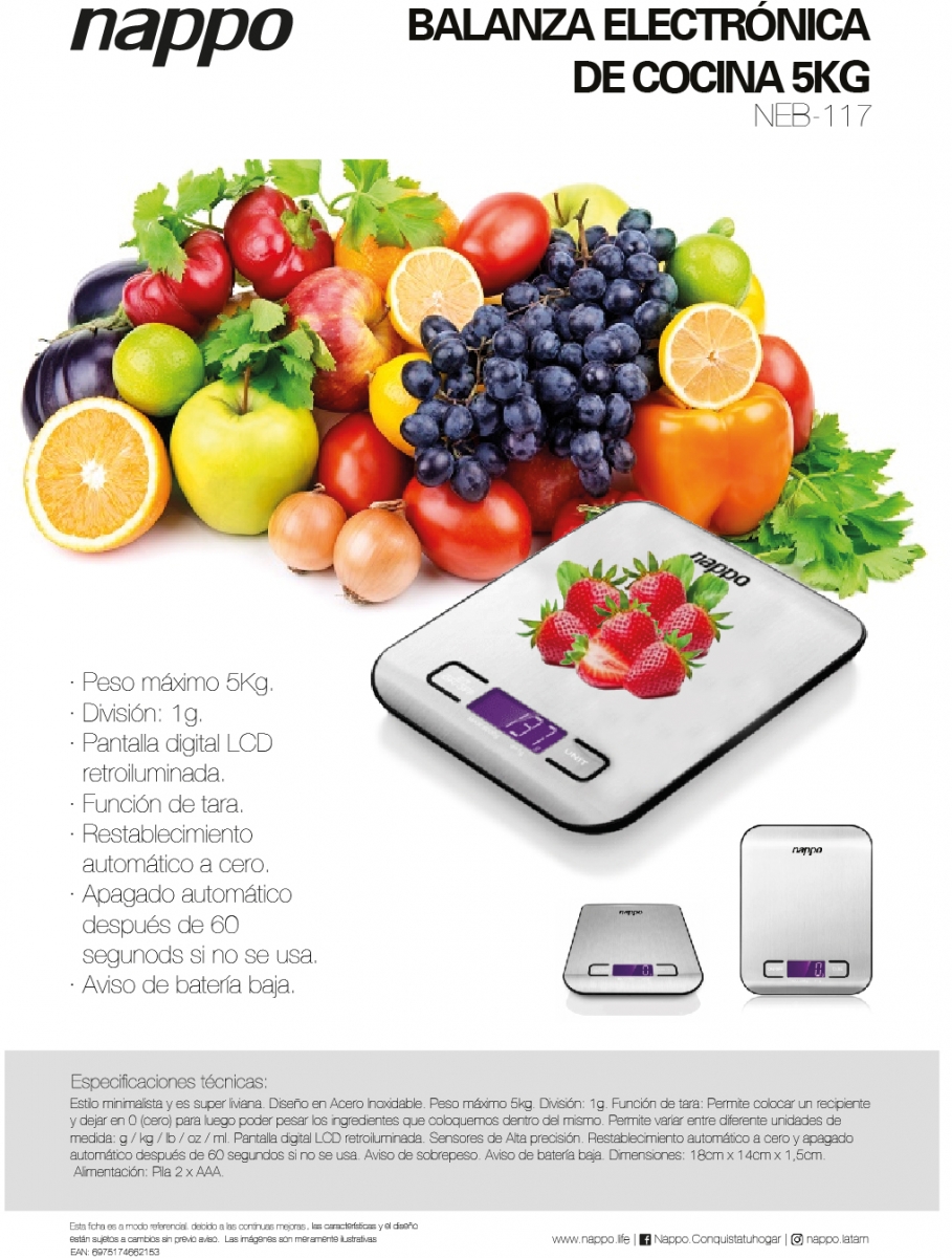 Balanza de Cocina NAPPO Digital Acero Inox Capacidad 5Kg Pantalla LCD con  Función Tara, oferta LOi.